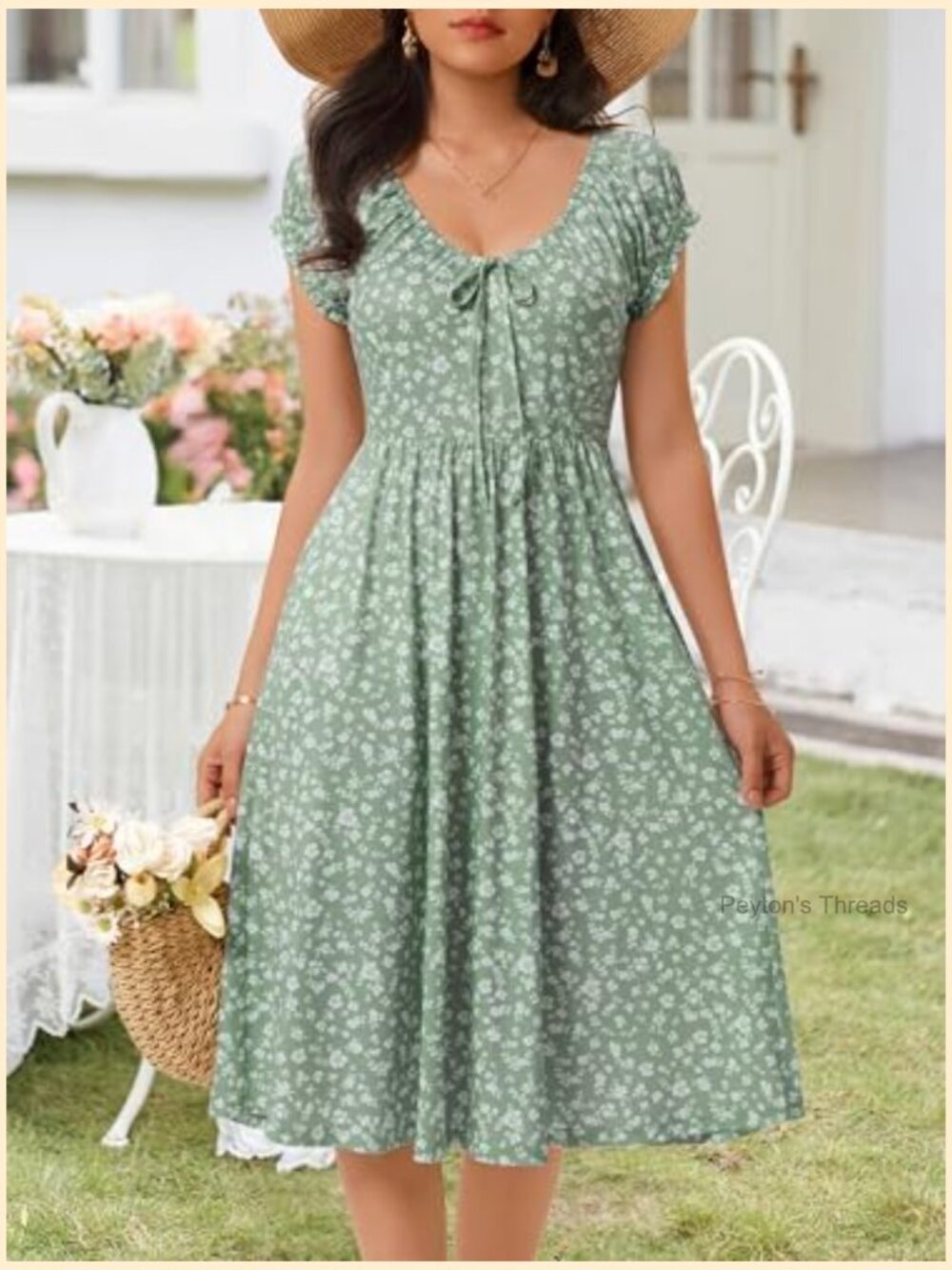 Floral V Neck Puff Cap Sleeve Sundress Midi Dress with Pockets - Picture 3 of 7
